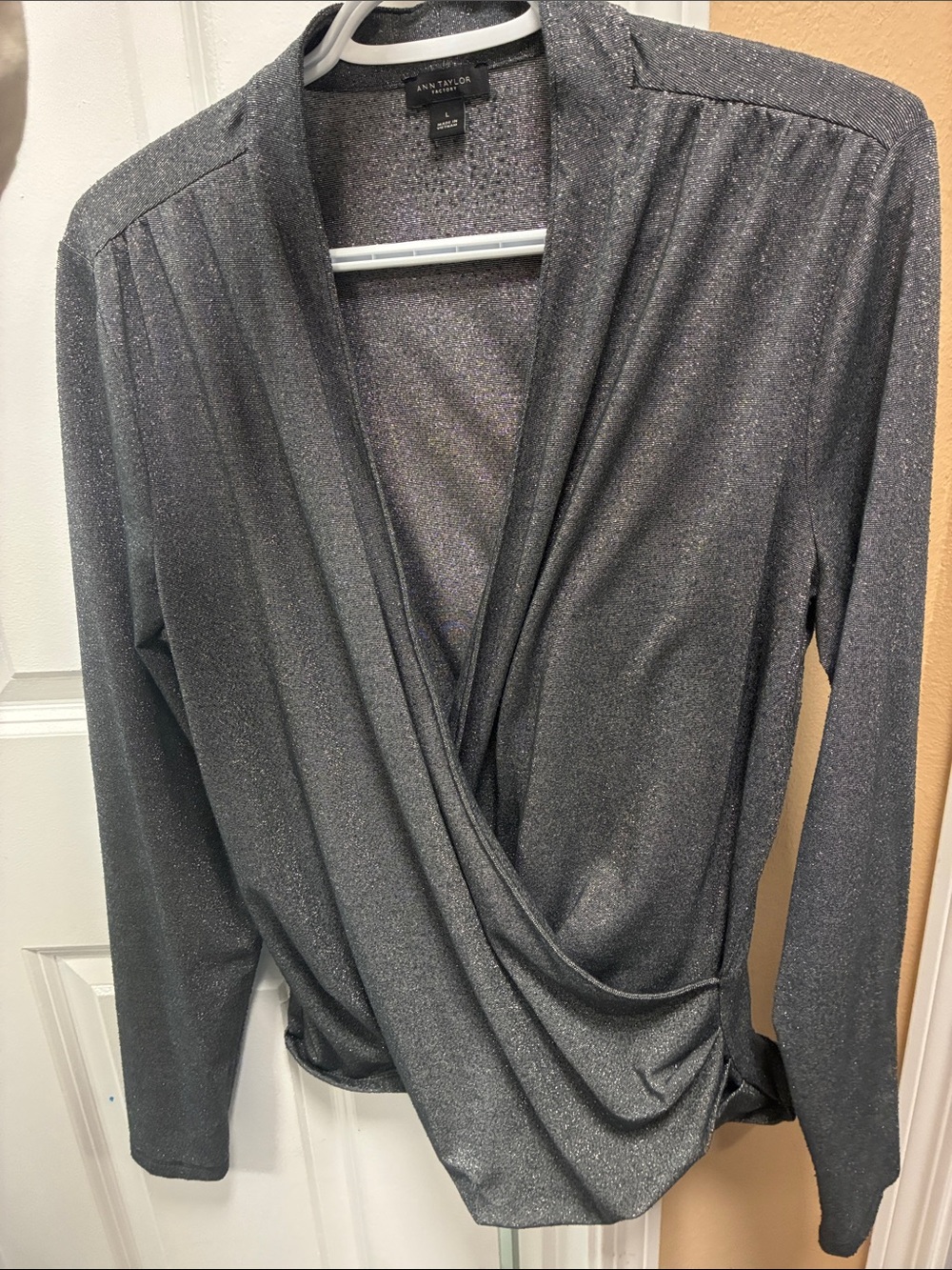 Ann Taylor Metallic Charcoal Wrap-Front Long Sleeve Top